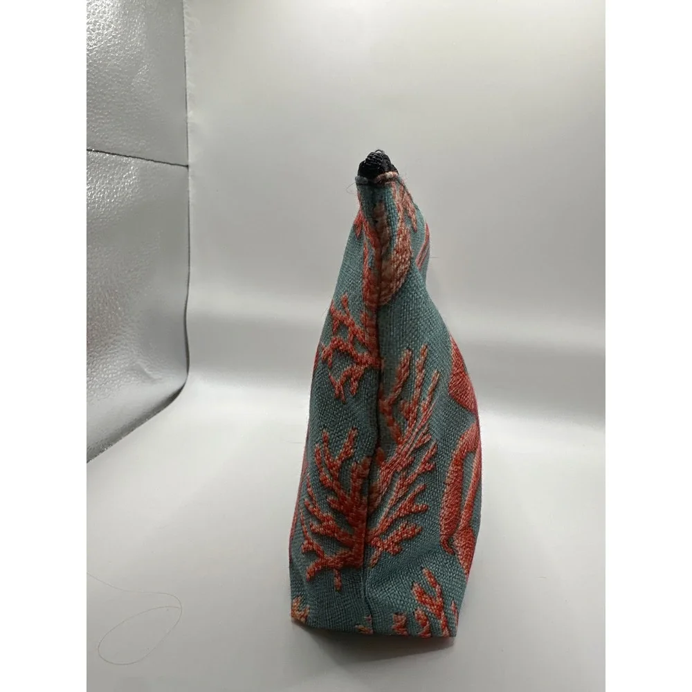 Red Crab Coral Nautical Cosmetic Travel Pouch Teal Blue Zipper Bag